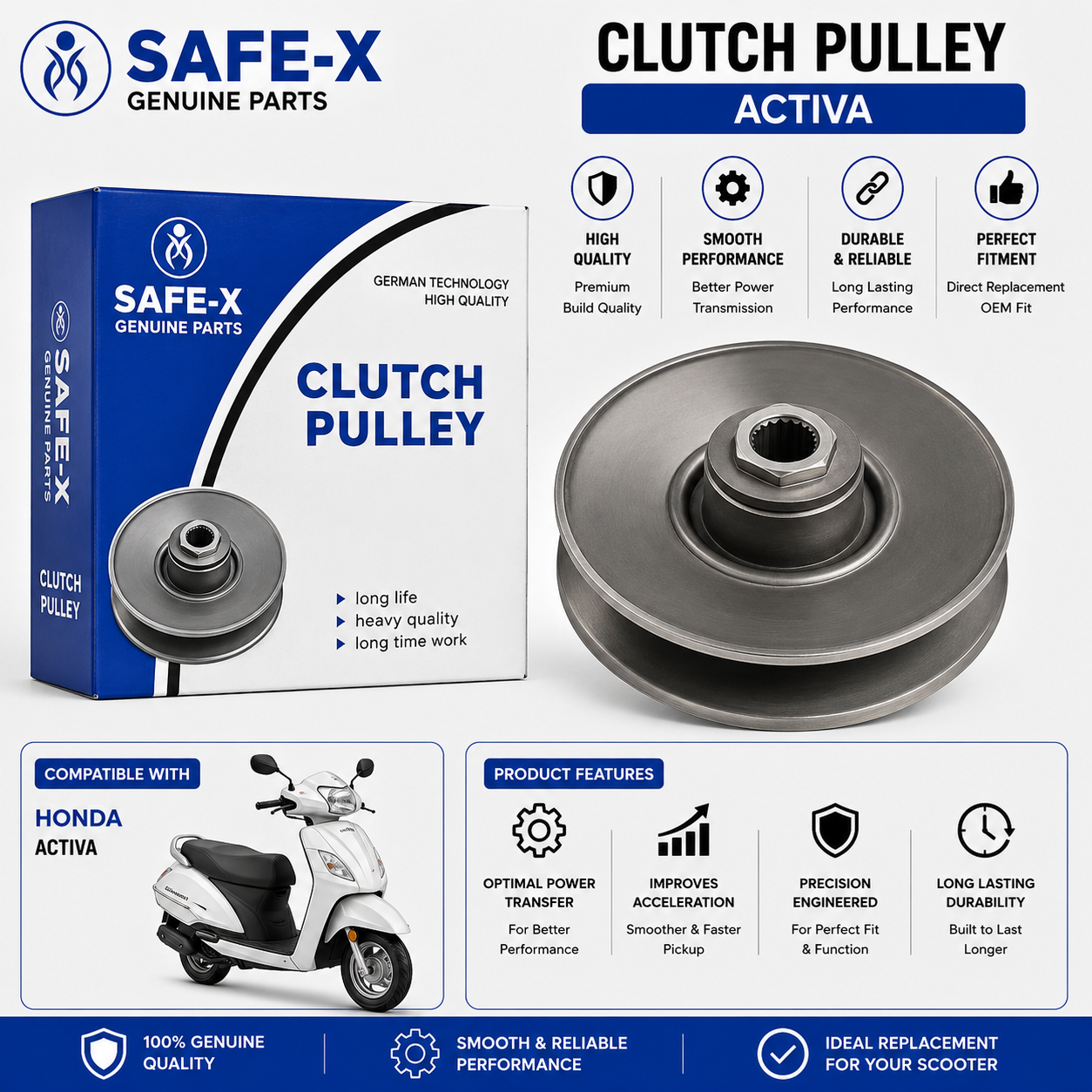 SAFE-X Clutch Pulley Assembly for Honda Activa | Premium CVT Driven Pulley | Genuine Replacement