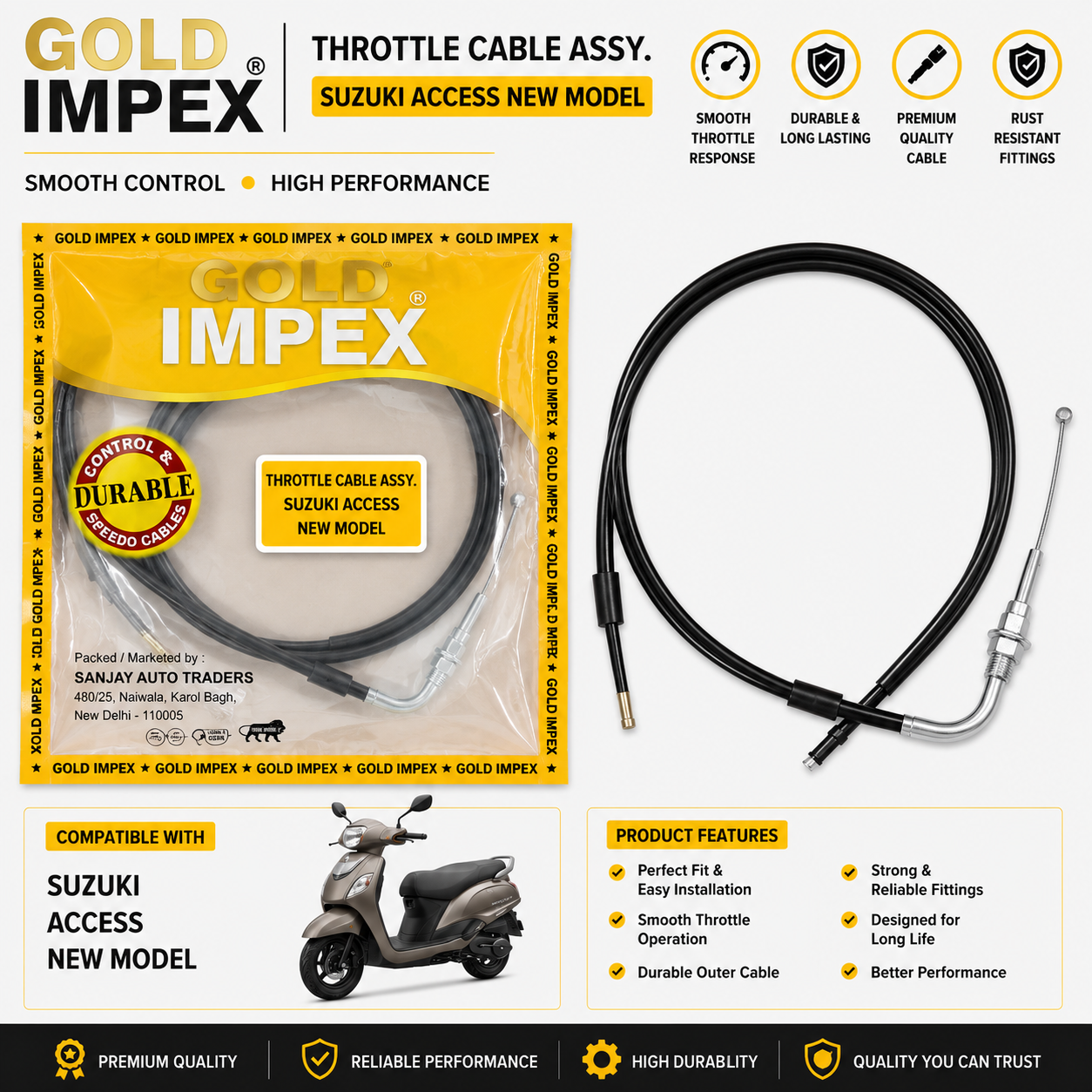 Gold Impex Throttle Cable Assembly for Suzuki Access New Model | Friction Free Accelerator Cable