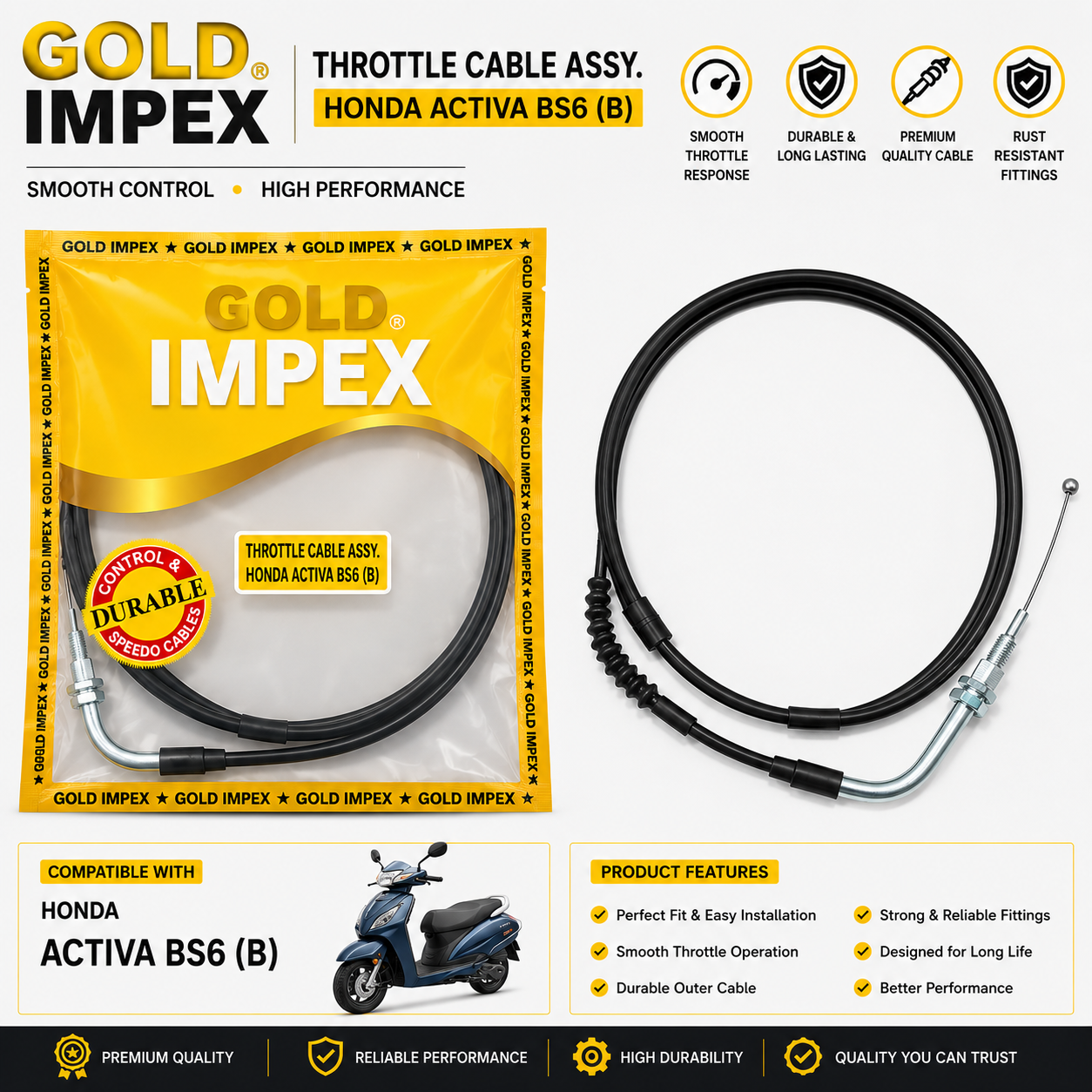 GOLD IMPEX Throttle Cable Assembly for Honda Activa BS6 (B) | Accelerator Cable