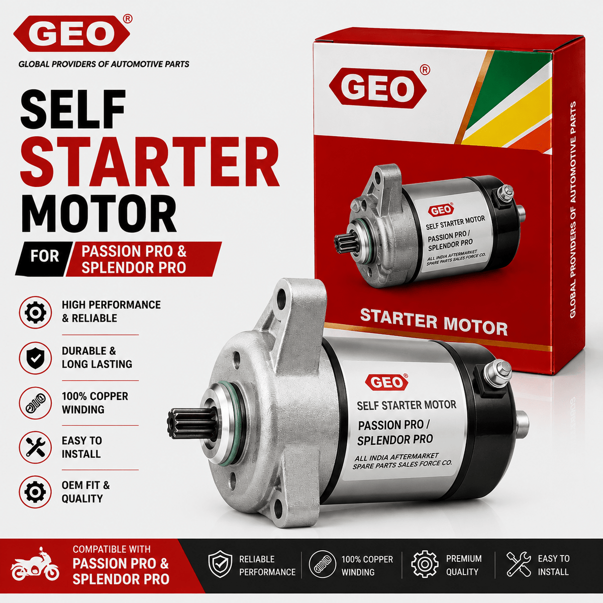 Span ScrewGEO Self Starter Motor for Hero Passion Pro & Splendor Pro | Premium Electric Starter Motor AssemblySelf Starter Motor