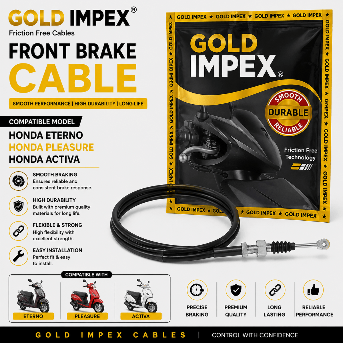 Span ScrewGold Impex Front Brake Cable for Honda Eterno, Hero Pleasure & Honda Activa | Friction Free | Premium Replacement CableFront Brake Cable