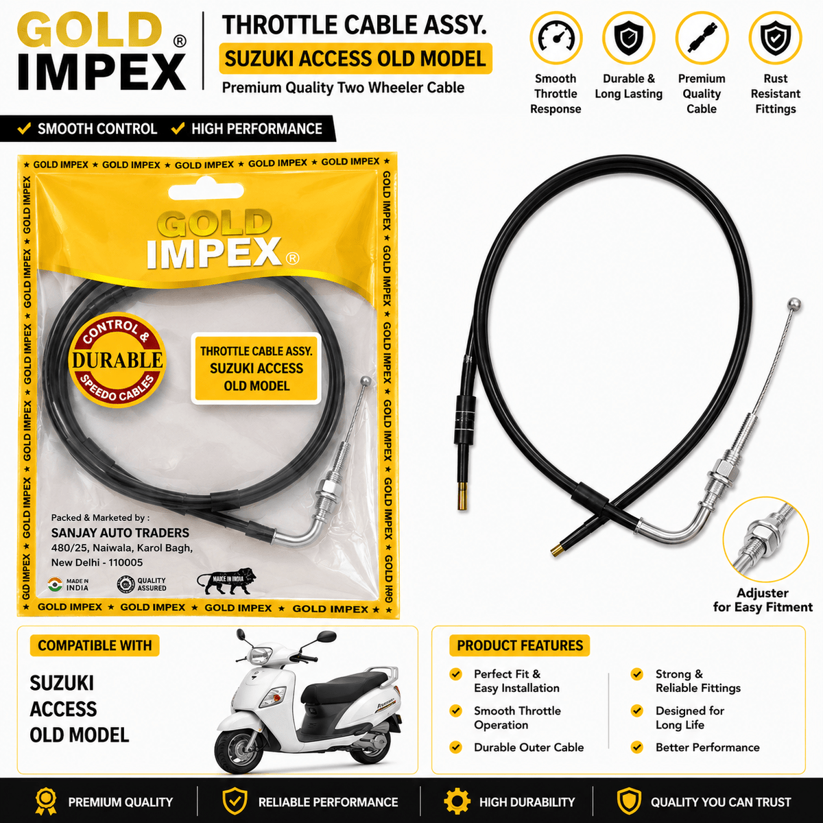 Span ScrewGold Impex Throttle Cable Assembly for Suzuki Access Old Model | Accelerator CableAccelerator Cable