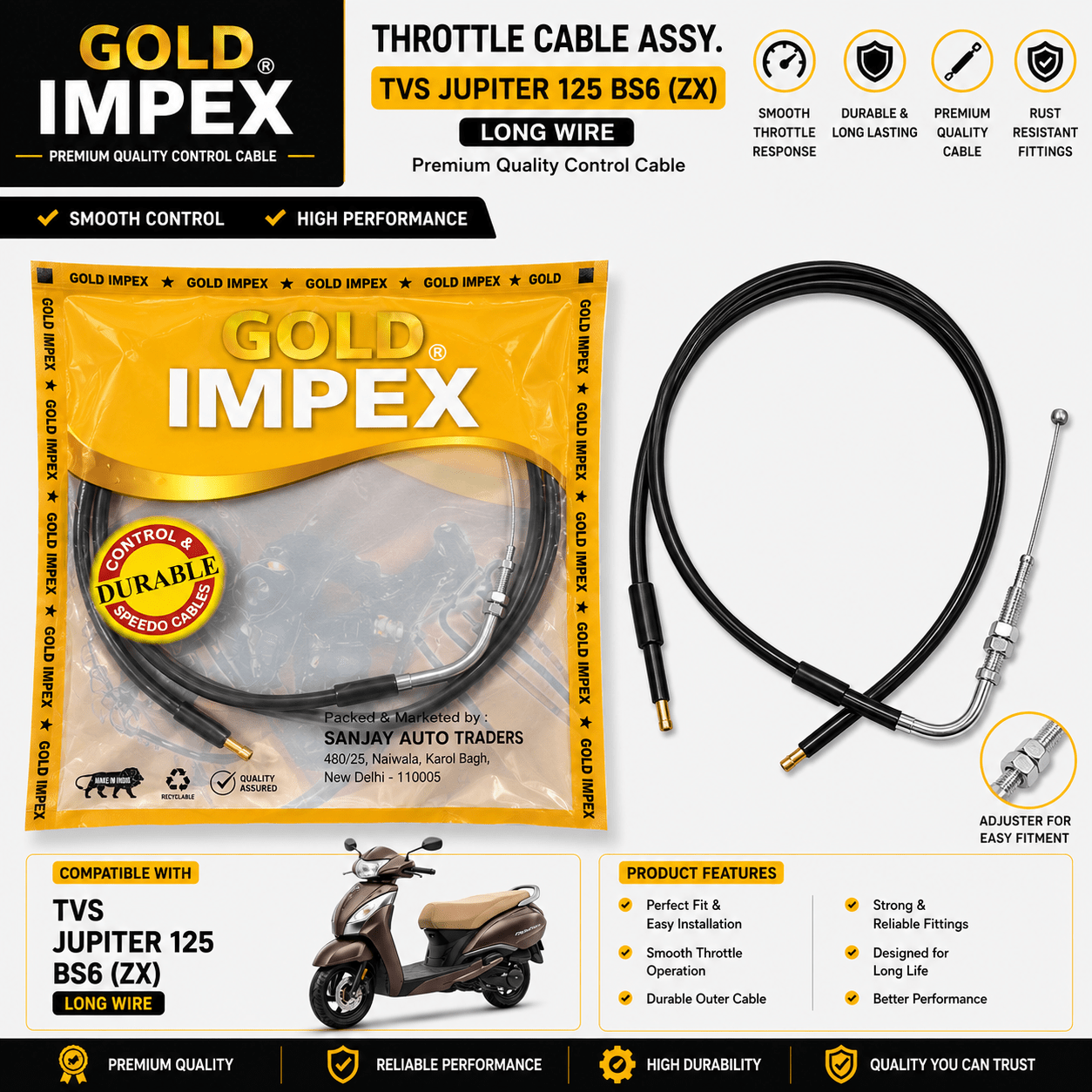 Span ScrewGold Impex Throttle Cable Assembly for TVS Jupiter 125 BS6 (ZX) Long Wire | Premium Accelerator CableAccelerator Cable