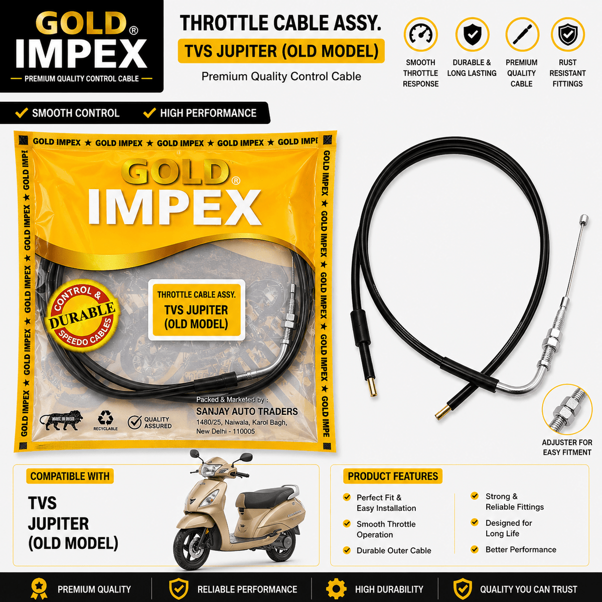 Span ScrewGold Impex Throttle Cable Assembly for TVS Jupiter Old Model | Premium Replacement Control CableAccelerator Cable
