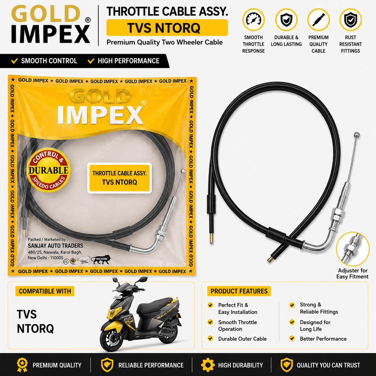 Span ScrewGold Impex Throttle Cable Assembly for TVS Ntorq | Accelerator CableAccelerator Cable