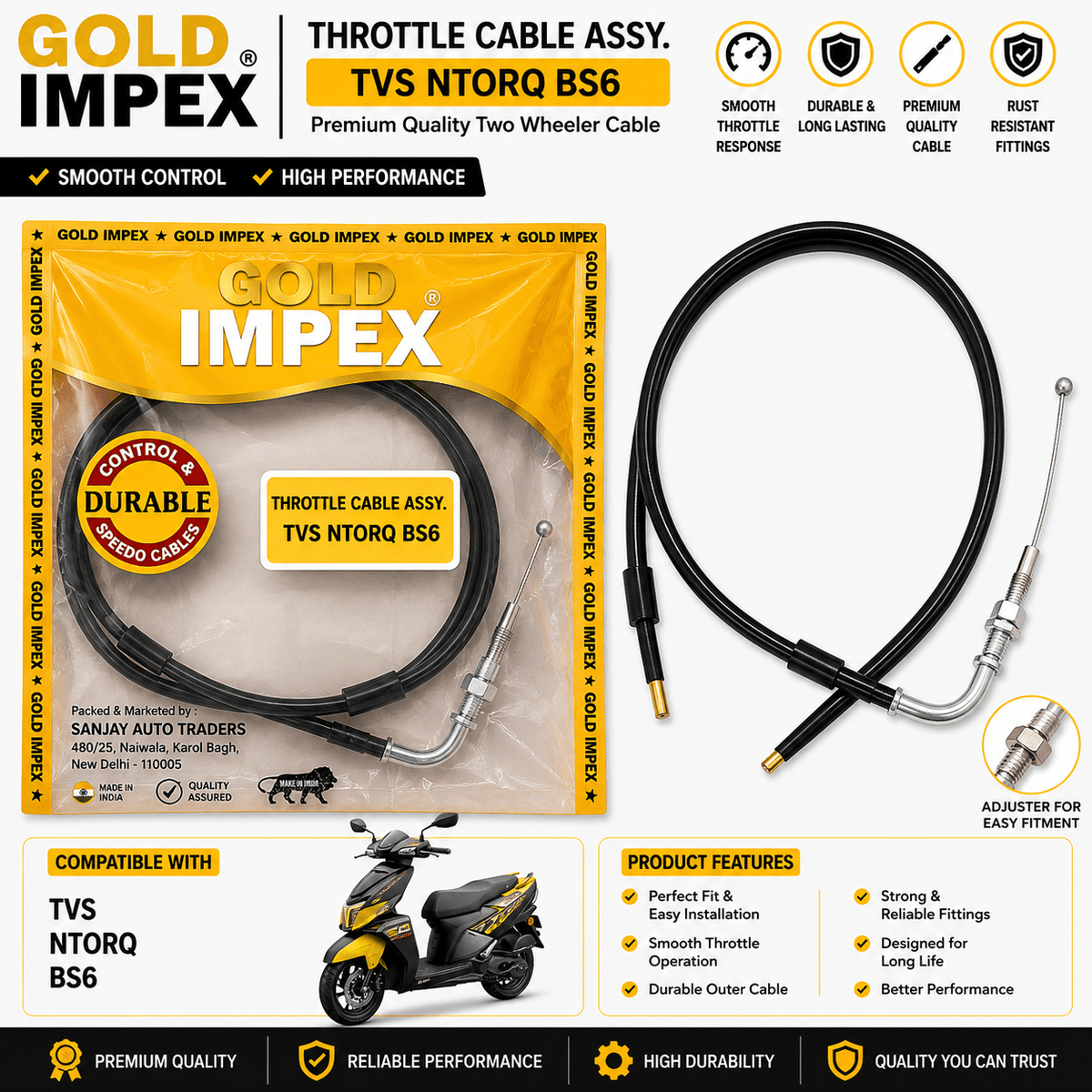 Span ScrewGold Impex Throttle Cable Assembly for TVS Ntorq BS6 | Accelerator CableAccelerator Cable