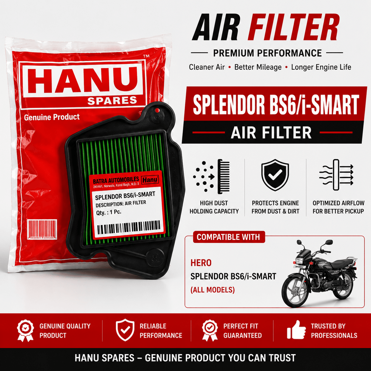 Span ScrewHANU Air Filter for Hero Splendor BS6 / i-Smart | Two Wheeler Air Filter