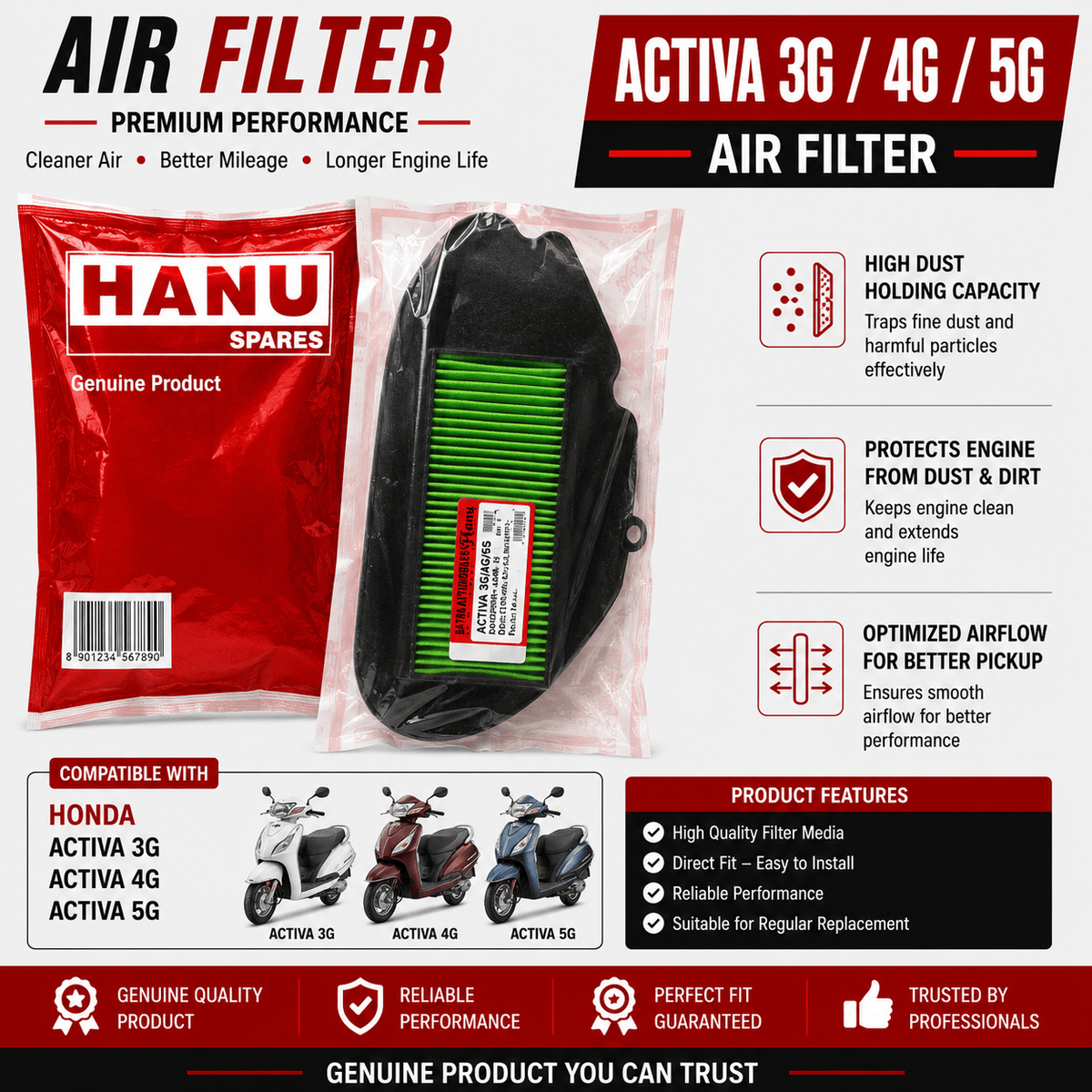 Span ScrewHanu Air Filter for Honda Activa 3G / 4G / 5G | Two Wheeler Replacement Air Filter