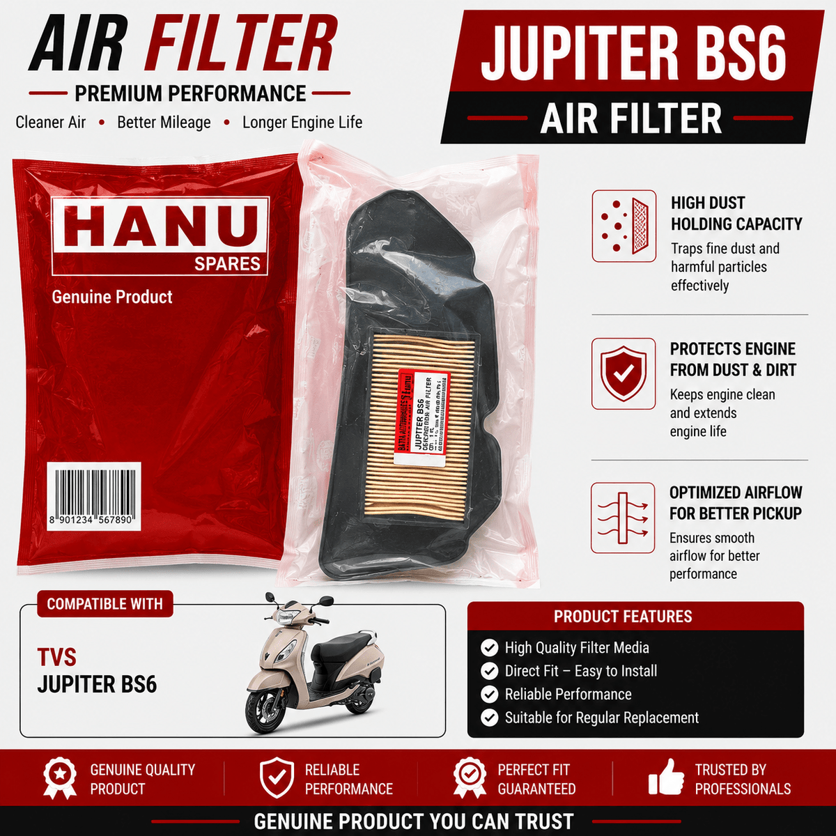 Span ScrewHanu Air Filter for TVS Jupiter BS6 | Replacement Scooter Air Filter