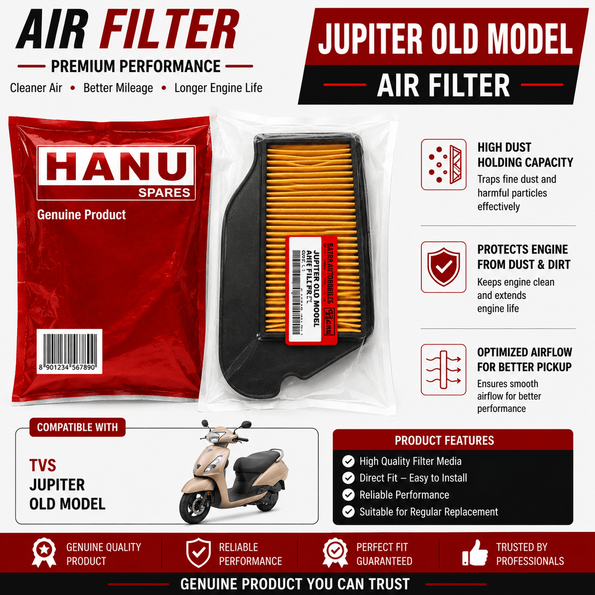 Span ScrewHanu Air Filter for TVS Jupiter Old Model | Replacement Scooter Air Filter