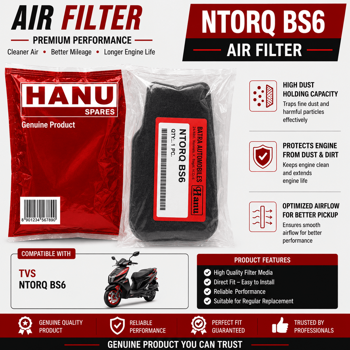 Span ScrewHanu Air Filter for TVS NTORQ BS6 | Replacement Scooter Air Filter