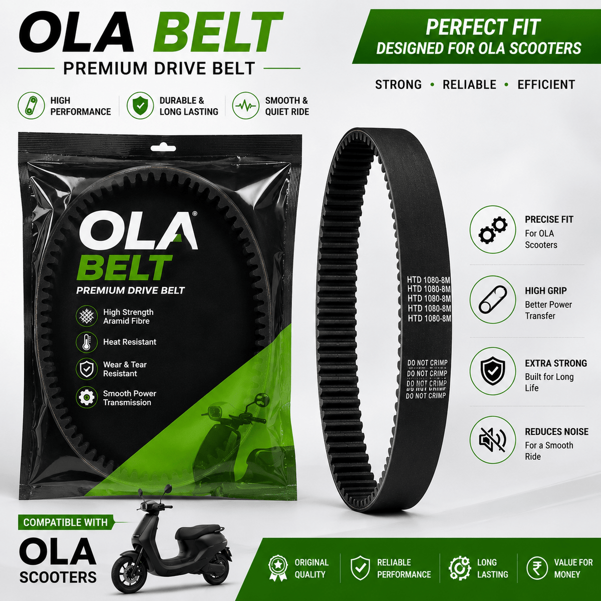 Span ScrewOLA Electric Scooter Drive Belt HTD 1080-8M | Replacement Transmission BeltDrive Belt / Transmission Belt