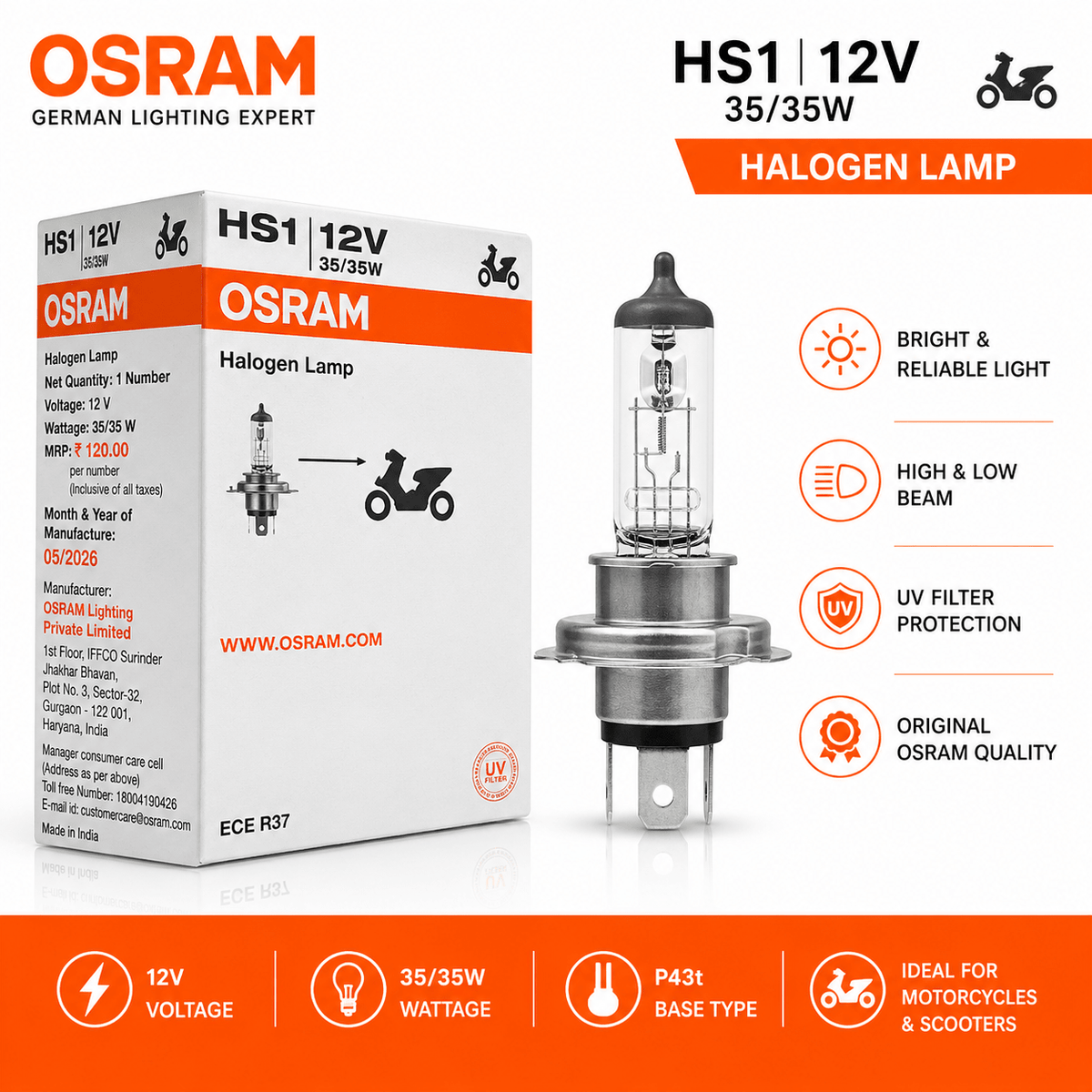 Span ScrewOSRAM HS1 Halogen Headlight Bulb 12V 35/35W – Two Wheeler Headlamp BulbTwo Wheeler Headlight Bulb