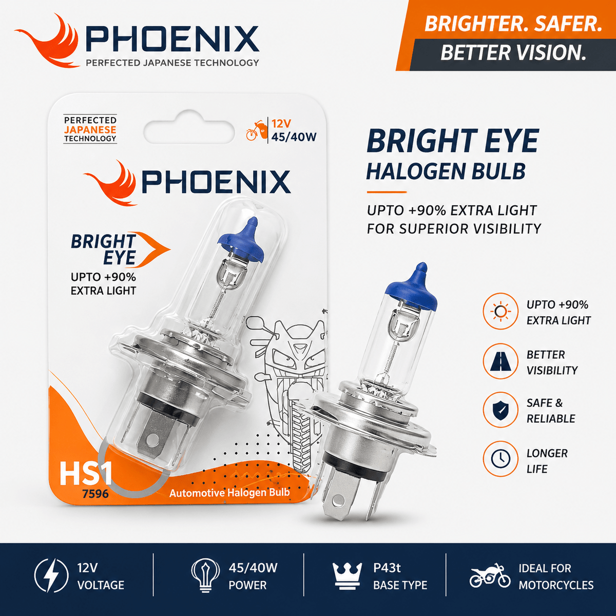 Span ScrewPhoenix Bright Eye HS1 7596 Halogen Headlight Bulb – 12V 45/40W for MotorcyclesTwo Wheeler Headlight Bulb
