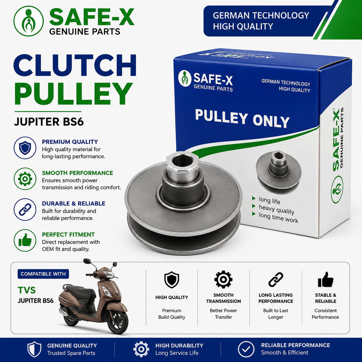 Span ScrewSAFE-X Clutch Pulley for TVS Jupiter BS6 | Premium CVT Driven Pulley Assembly | Heavy Duty Scooter Spare Part