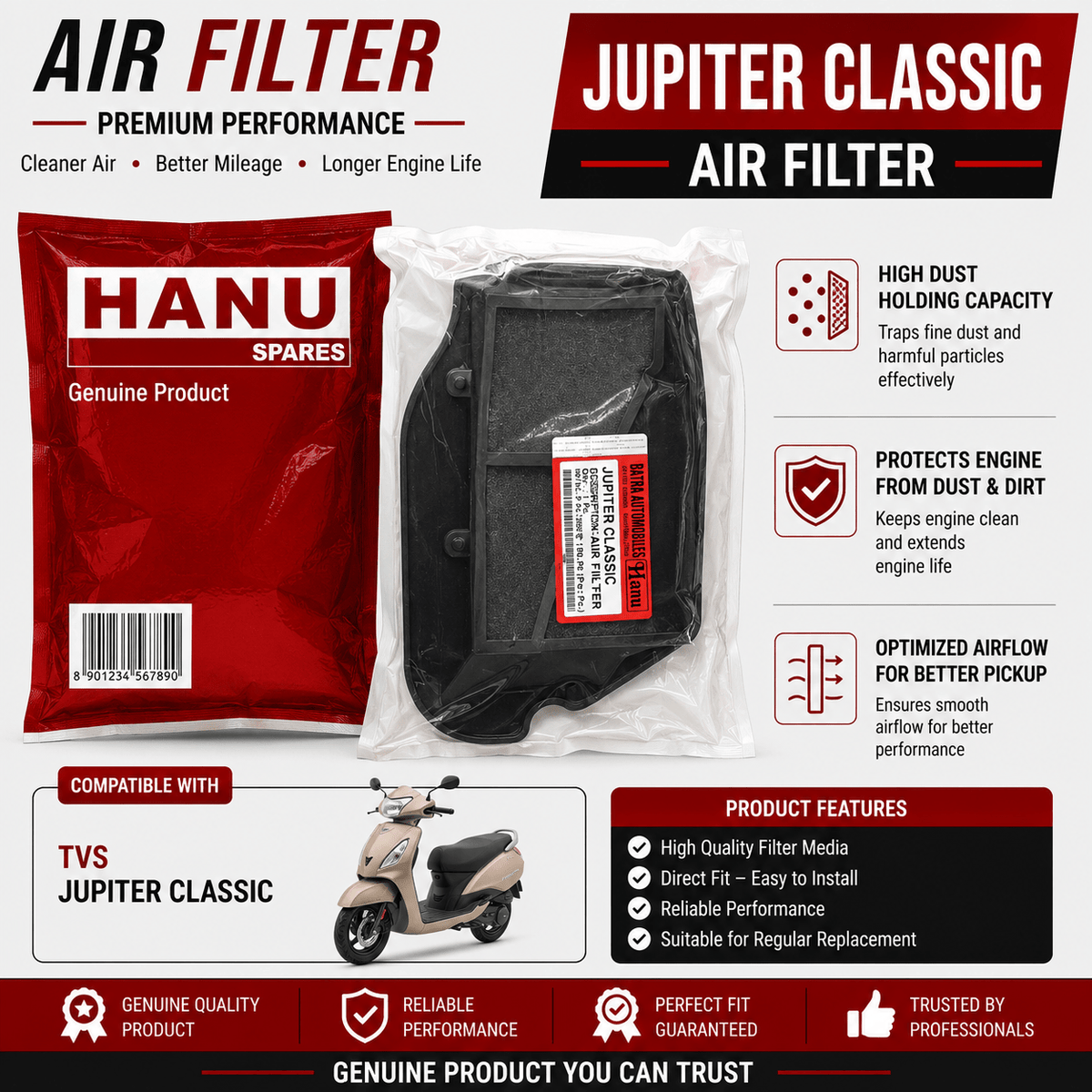 Span ScrewTVS Jupiter Classic Air Filter | Hanu Spares | Replacement Air Filter