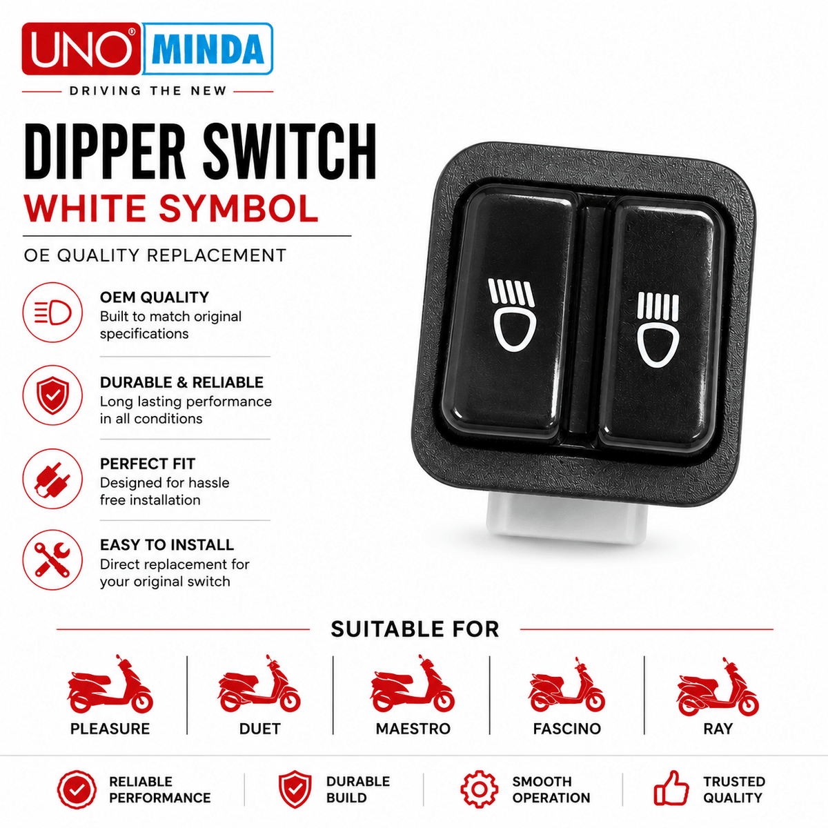 Span ScrewUNO Minda Dipper Switch for Pleasure, Duet, Maestro, Fascino & Ray | White SymbolDipper / Headlight Switch