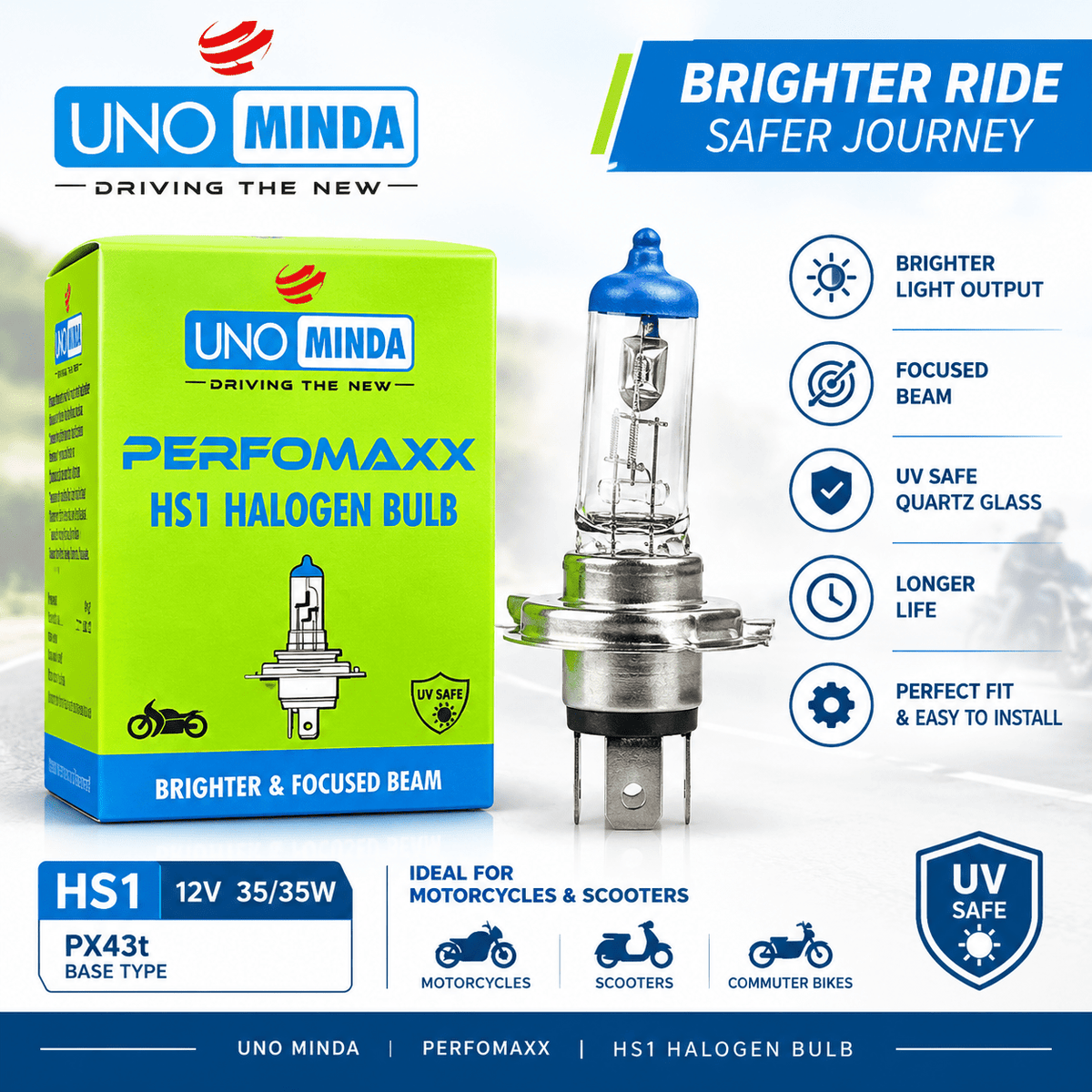 Span ScrewUNO Minda Perfomaxx HS1 Halogen Headlight Bulb – 12V 35/35W PX43t for Bikes & ScootersTwo Wheeler Headlight Bulb